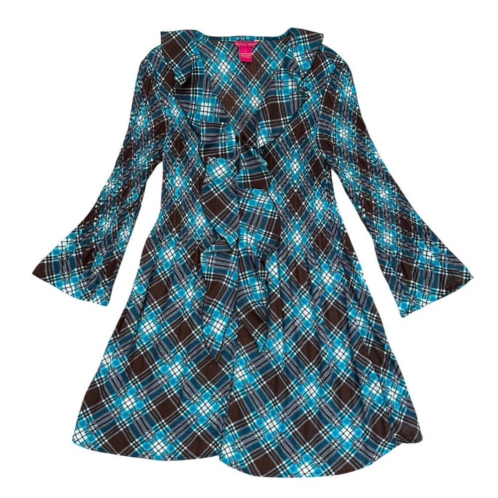 Vintage y2k Preppy Plaid Mini Dress Teal Brown Ruffle Sleeve‎ Small Officesiren